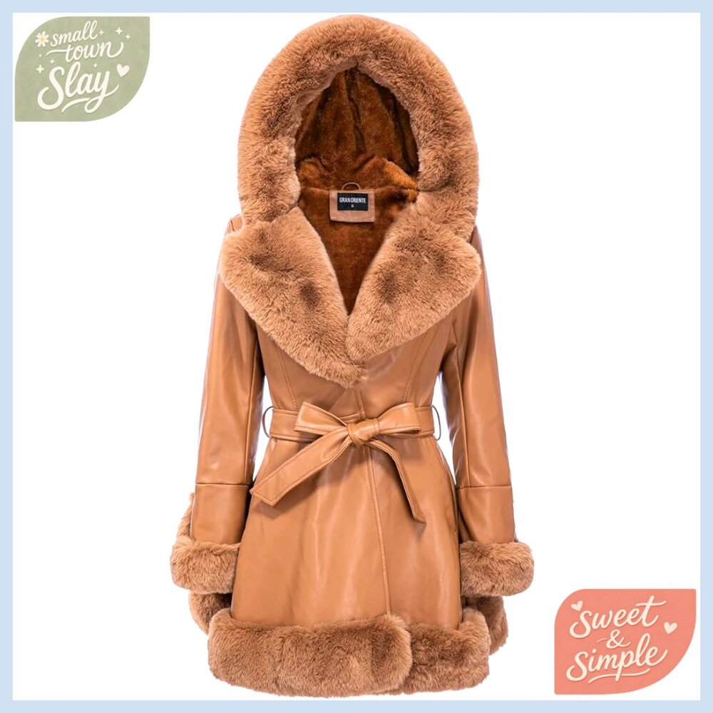Faux Leather Jacket with Faux Fur Collar, Peplum Parka Coat with Belt
